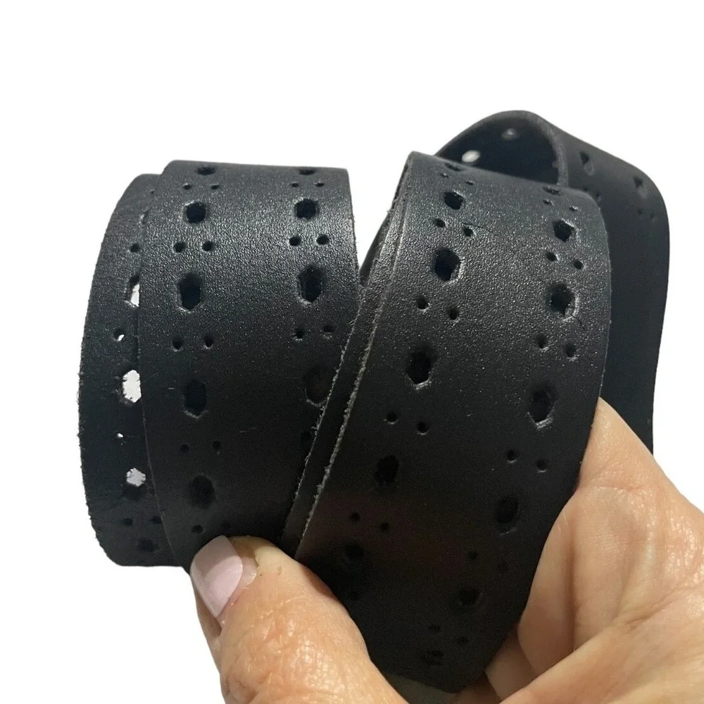 Mens Black Leather‎ Belt Double Prong Buckle Perforated Laser Cut Design Strap